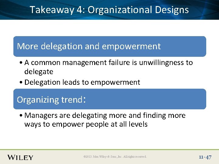 Place. Takeaway Slide Title 4: Text Here Organizational Designs More delegation and empowerment •