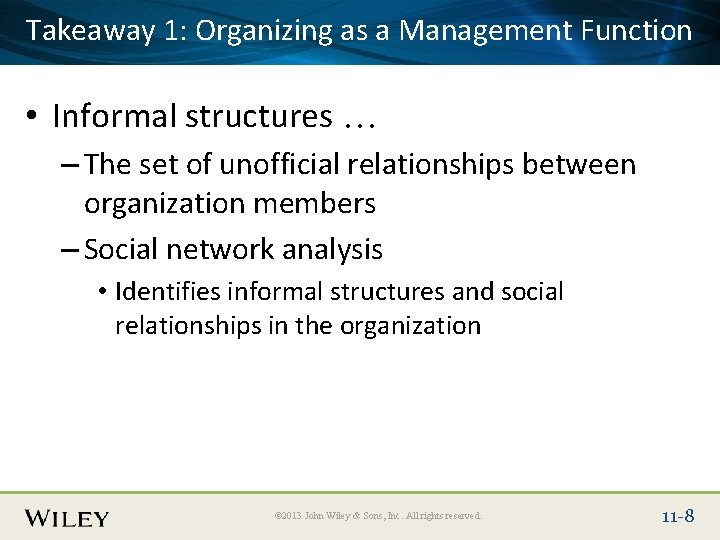 Takeaway 1: Title Organizing as a Management Function Place Slide Text Here • Informal