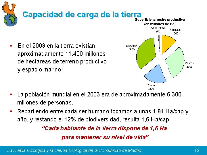Capacidad de carga de la tierra § En el 2003 en la tierra existían