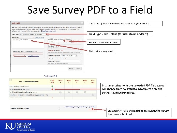 Save Survey PDF to a Field Add a file upload field to the instrument