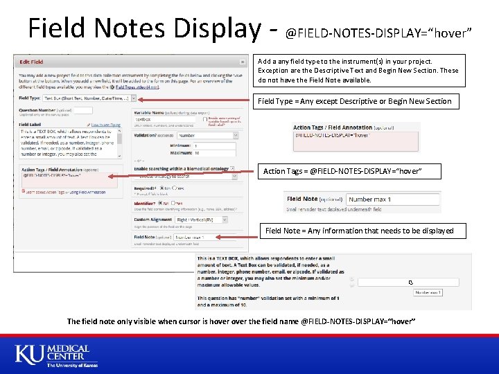 Field Notes Display - @FIELD-NOTES-DISPLAY=“hover” Add a any field type to the instrument(s) in