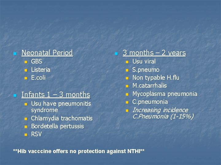 n Neonatal Period n n n GBS Listeria E. coli n 3 months –