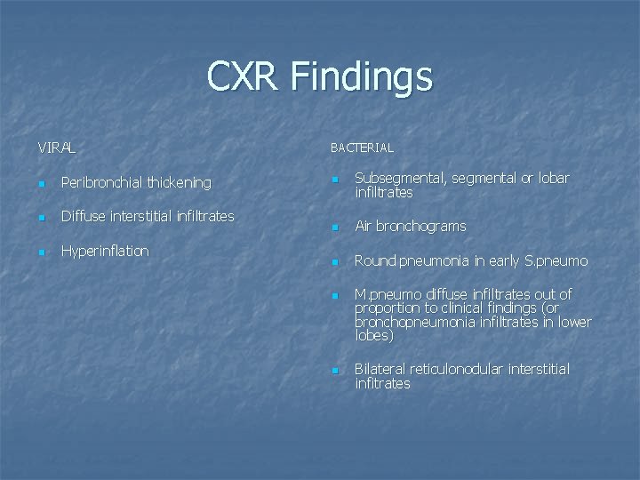 CXR Findings VIRAL n Peribronchial thickening n Diffuse interstitial infiltrates n Hyperinflation BACTERIAL n