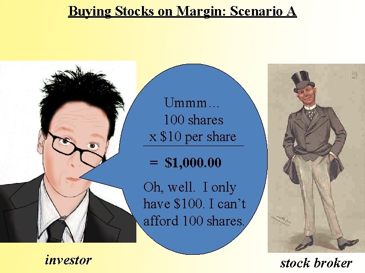 Buying Stocks on Margin: Scenario A Ummm… 100 shares x $10 per share =