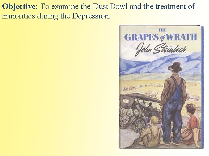 Objective: To examine the Dust Bowl and the treatment of minorities during the Depression.