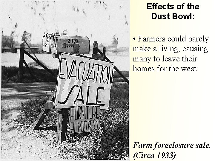 Effects of the Dust Bowl: • Farmers could barely make a living, causing many