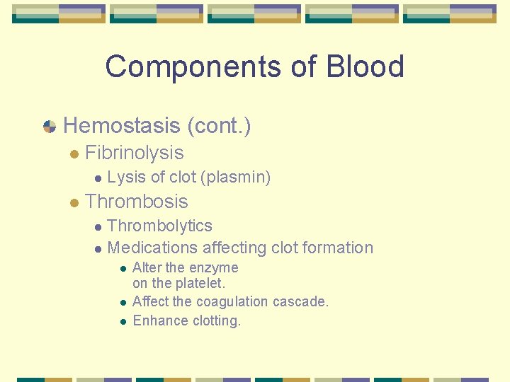 Components of Blood Hemostasis (cont. ) l Fibrinolysis l l Lysis of clot (plasmin)