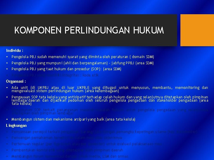 KOMPONEN PERLINDUNGAN HUKUM Individu : • Pengelola PBJ sudah memenuhi syarat yang diminta oleh