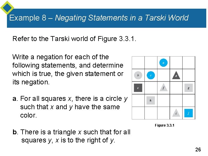 Example 8 – Negating Statements in a Tarski World Refer to the Tarski world Example 8 – Negating Statements in a Tarski World Refer to the Tarski world