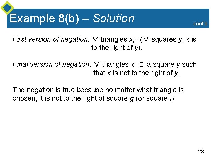 Example 8(b) – Solution cont’d First version of negation: ∀ triangles x, ∼ (∀ Example 8(b) – Solution cont’d First version of negation: ∀ triangles x, ∼ (∀