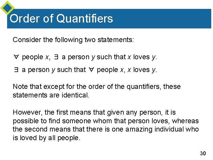 Order of Quantifiers Consider the following two statements: ∀ people x, ∃ a person Order of Quantifiers Consider the following two statements: ∀ people x, ∃ a person