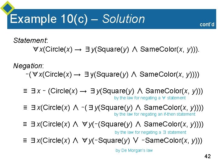 Example 10(c) – Solution cont’d Statement: ∀x(Circle(x) → ∃y(Square(y) ∧ Same. Color(x, y))). Negation: Example 10(c) – Solution cont’d Statement: ∀x(Circle(x) → ∃y(Square(y) ∧ Same. Color(x, y))). Negation: