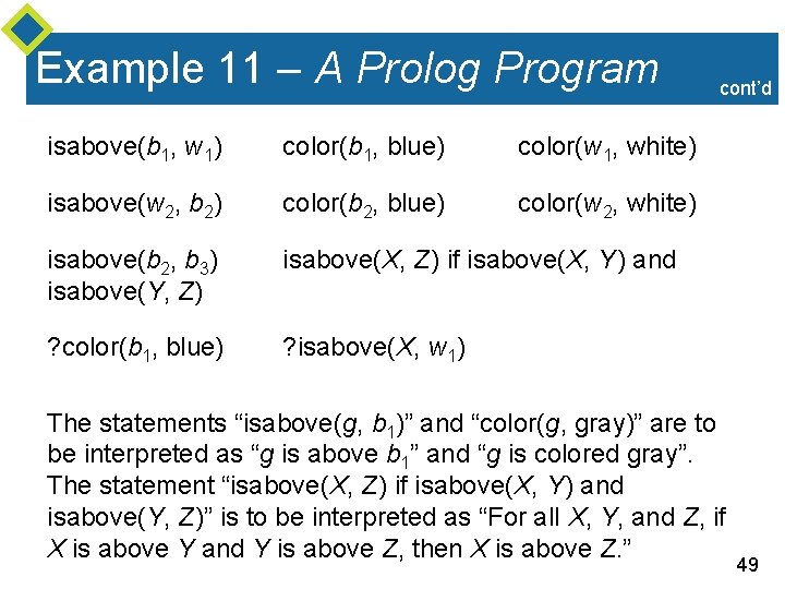 Example 11 – A Prolog Program isabove(b 1, w 1) color(b 1, blue) color(w Example 11 – A Prolog Program isabove(b 1, w 1) color(b 1, blue) color(w