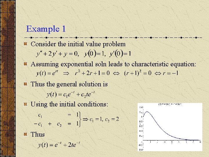 Example 1 Consider the initial value problem Assuming exponential soln leads to characteristic equation: