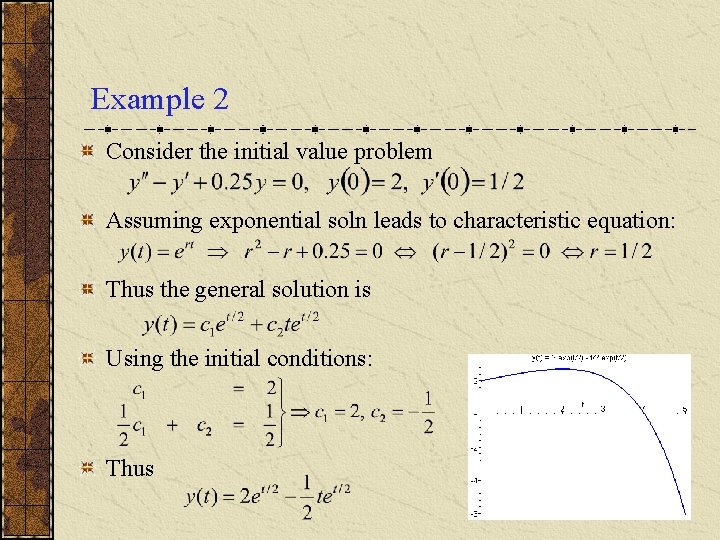 Example 2 Consider the initial value problem Assuming exponential soln leads to characteristic equation: