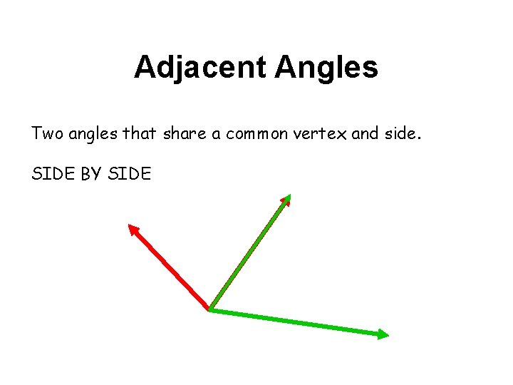 Adjacent Angles Two angles that share a common vertex and side. SIDE BY SIDE