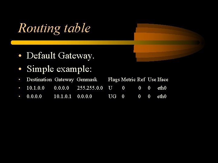 Routing table • Default Gateway. • Simple example: • Destination Gateway Genmask Flags Metric Routing table • Default Gateway. • Simple example: • Destination Gateway Genmask Flags Metric