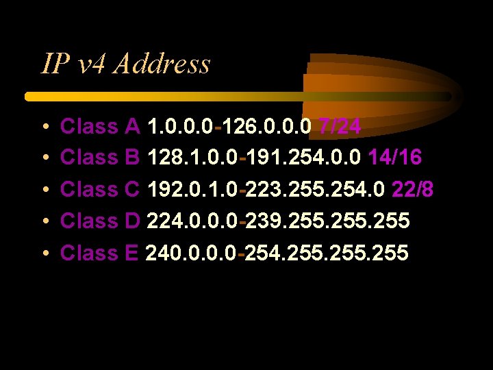 IP v 4 Address • • • Class A 1. 0. 0. 0 -126. IP v 4 Address • • • Class A 1. 0. 0. 0 -126.