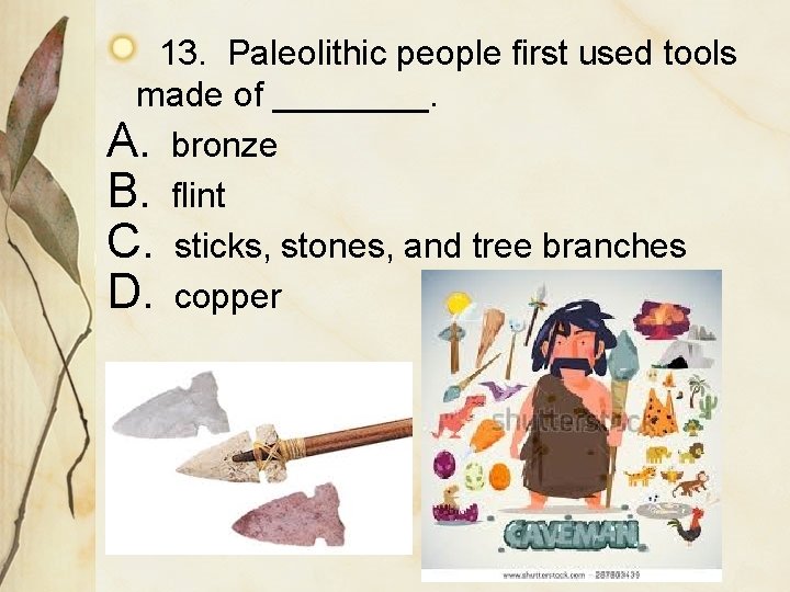 13. Paleolithic people first used tools made of ____. A. bronze B. flint C.
