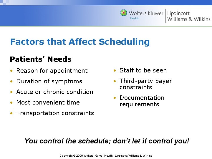 Factors that Affect Scheduling Patients’ Needs • Reason for appointment • Staff to be