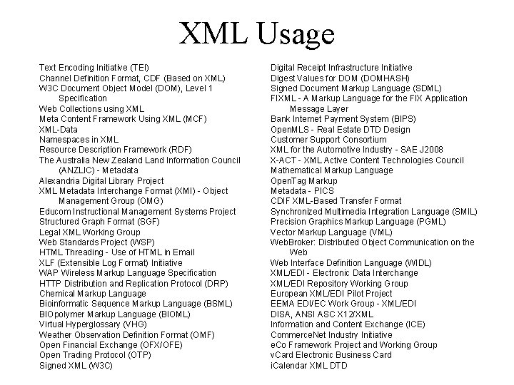 XML Usage Text Encoding Initiative (TEI) Channel Definition Format, CDF (Based on XML) W