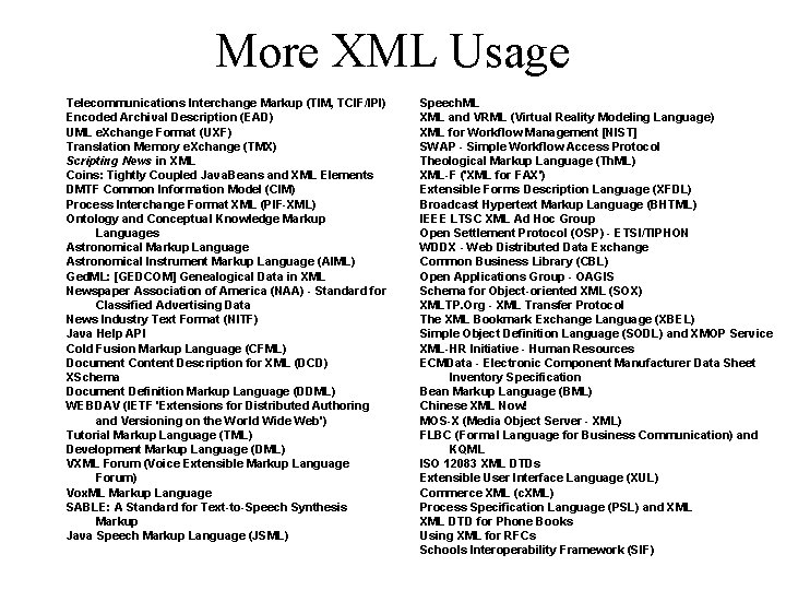 More XML Usage Telecommunications Interchange Markup (TIM, TCIF/IPI) Encoded Archival Description (EAD) UML e.