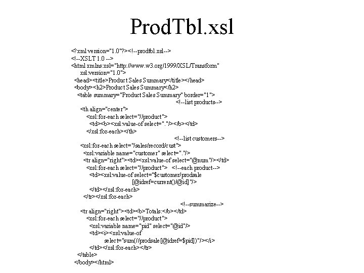 Prod. Tbl. xsl <? xml version="1. 0"? ><!--prodtbl. xsl--> <!--XSLT 1. 0 --> <html