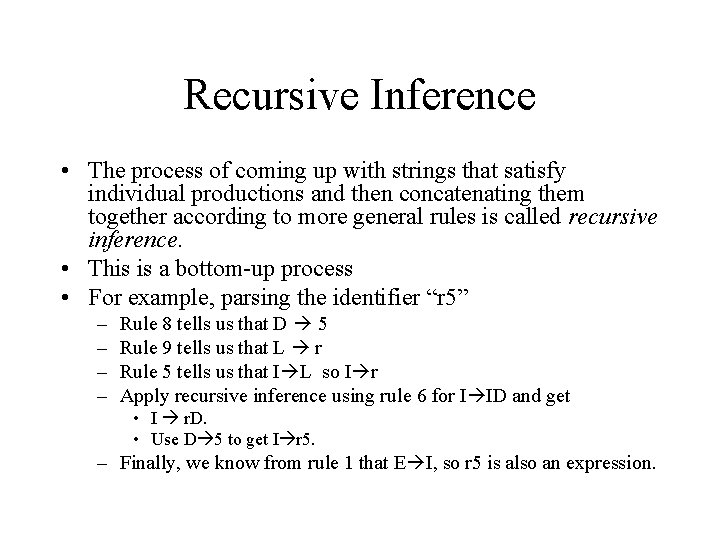 Recursive Inference • The process of coming up with strings that satisfy individual productions