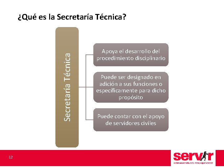 Secretaría Técnica ¿Qué es la Secretaría Técnica? 12 Apoya el desarrollo del procedimiento disciplinario