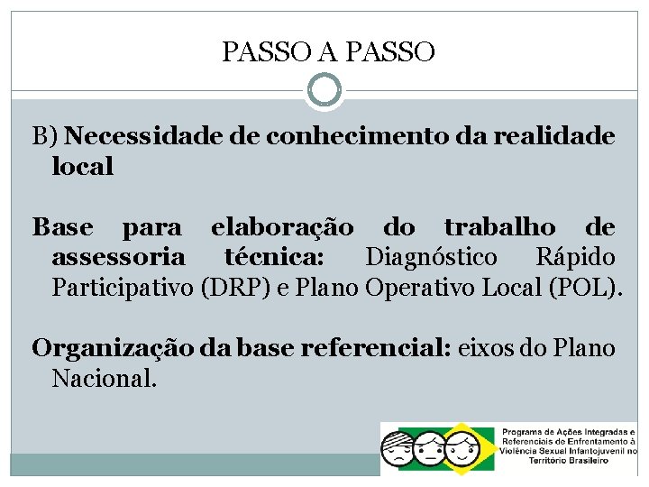 PASSO A PASSO B) Necessidade de conhecimento da realidade local Base para elaboração do