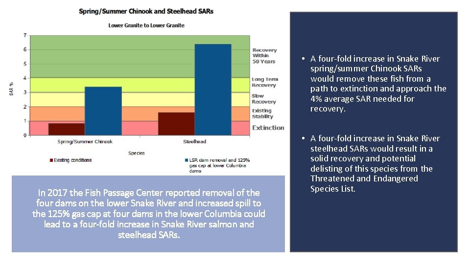  • A four-fold increase in Snake River spring/summer Chinook SARs would remove these