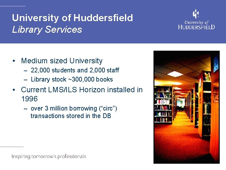 University of Huddersfield Library Services • Medium sized University – 22, 000 students and