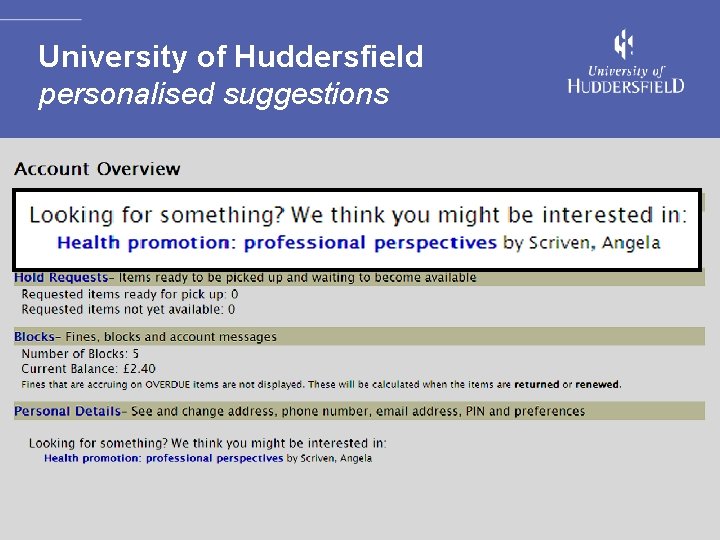 University of Huddersfield personalised suggestions 