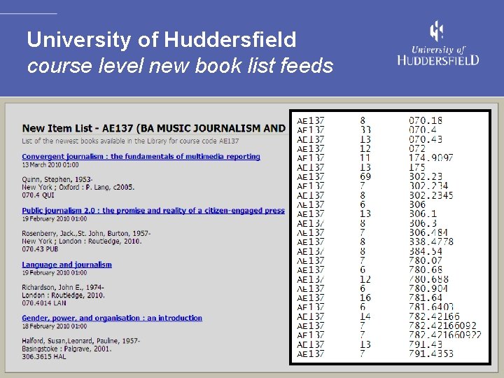 University of Huddersfield course level new book list feeds 