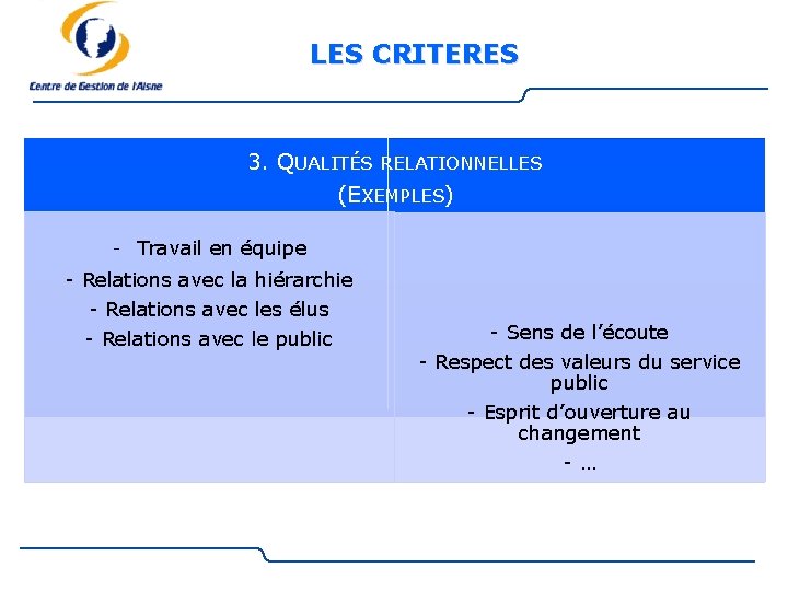 LES CRITERES 3. QUALITÉS RELATIONNELLES (EXEMPLES) - Travail en équipe - Relations avec la