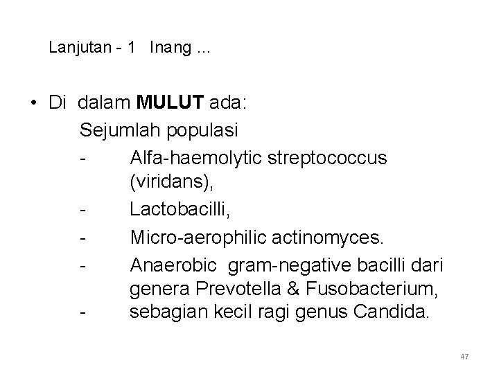 Lanjutan - 1 Inang … • Di dalam MULUT ada: Sejumlah populasi Alfa-haemolytic streptococcus