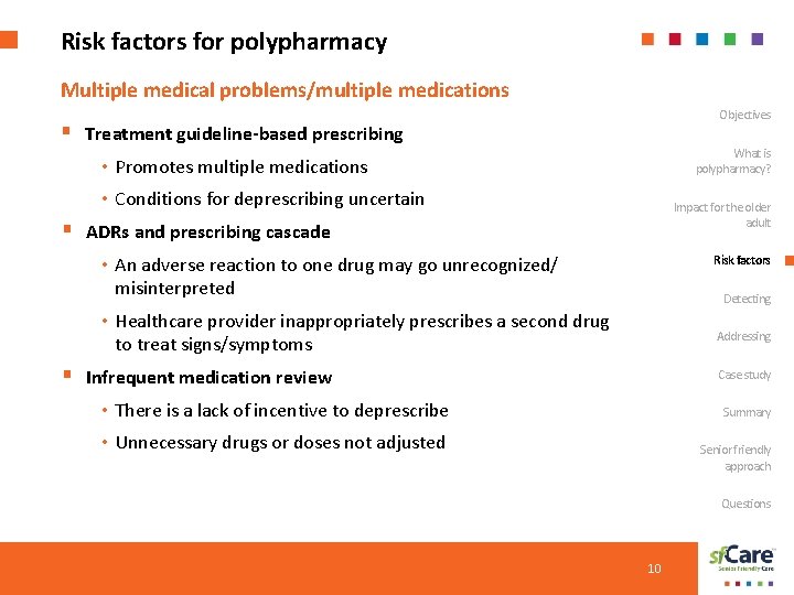 Risk factors for polypharmacy Multiple medical problems/multiple medications Objectives § Treatment guideline-based prescribing What