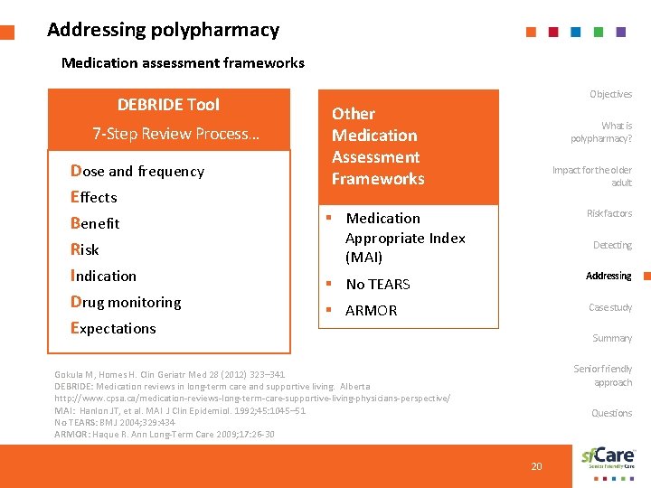 Addressing polypharmacy Medication assessment frameworks DEBRIDE Tool 7 -Step Review Process… Dose and frequency