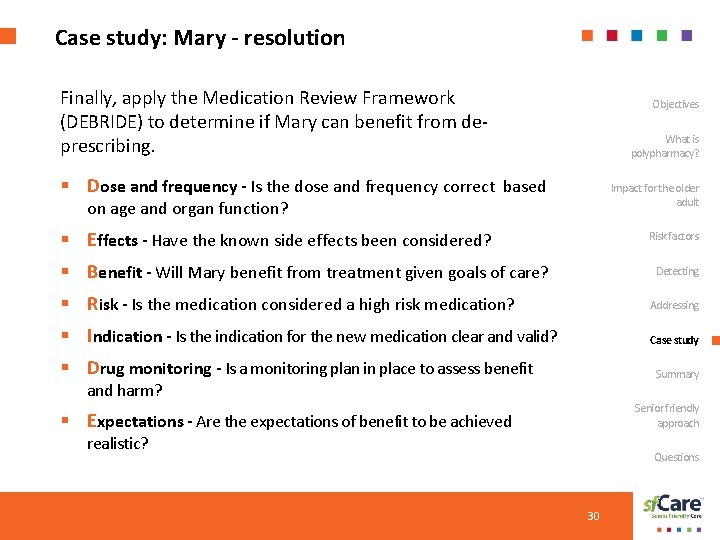 Case study: Mary - resolution Finally, apply the Medication Review Framework (DEBRIDE) to determine