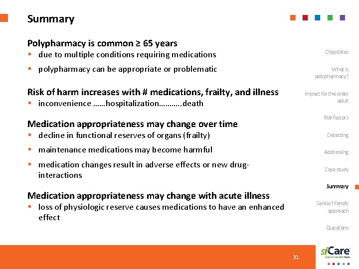 Summary Polypharmacy is common ≥ 65 years § due to multiple conditions requiring medications