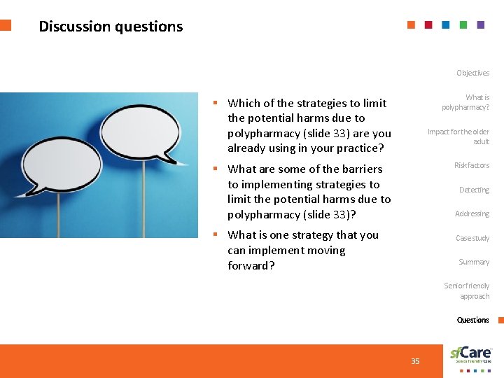 Discussion questions Objectives What is polypharmacy? § Which of the strategies to limit the