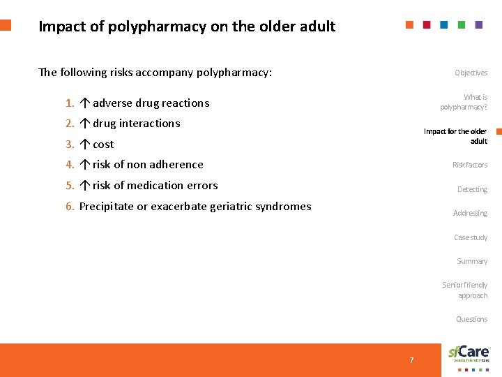 Impact of polypharmacy on the older adult The following risks accompany polypharmacy: Objectives What