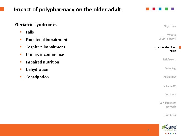 Impact of polypharmacy on the older adult Geriatric syndromes Objectives § Falls What is
