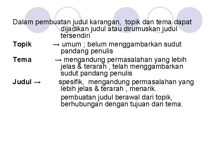 Dalam pembuatan judul karangan, topik dan tema dapat dijadikan judul atau dirumuskan judul tersendiri