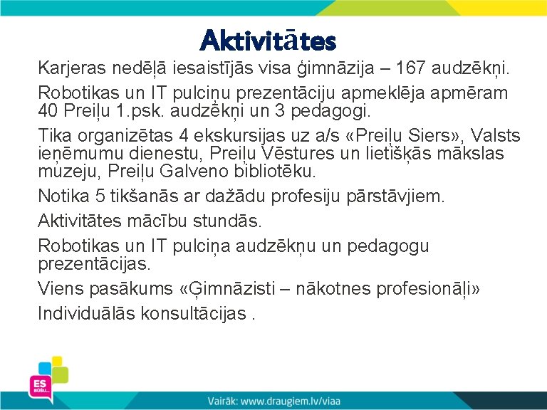 Aktivitātes Karjeras nedēļā iesaistījās visa ģimnāzija – 167 audzēkņi. Robotikas un IT pulciņu prezentāciju