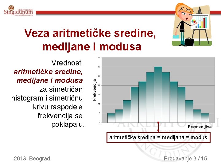 Veza aritmetičke sredine, medijane i modusa Vrednosti aritmetičke sredine, medijane i modusa za simetričan Veza aritmetičke sredine, medijane i modusa Vrednosti aritmetičke sredine, medijane i modusa za simetričan