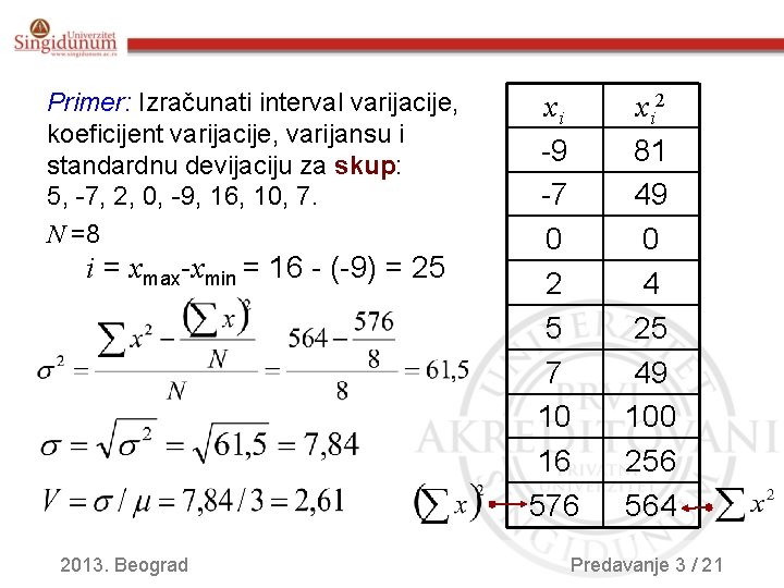 Mere disperzije Primer: Izračunati interval varijacije, koeficijent varijacije, varijansu i standardnu devijaciju za skup:
