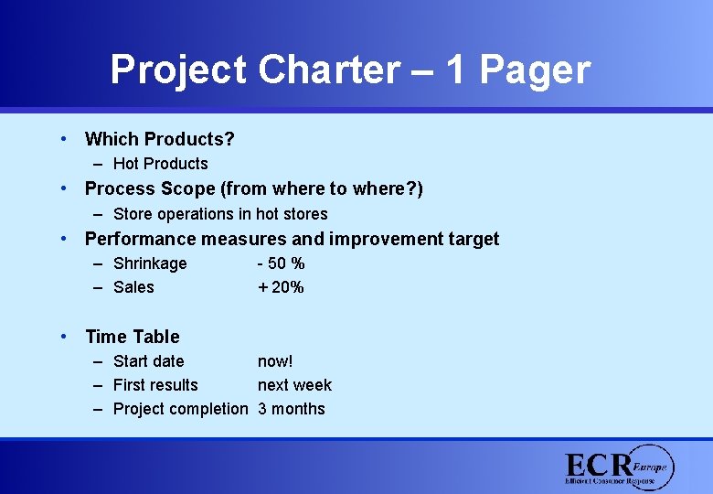 Project Charter – 1 Pager • Which Products? – Hot Products • Process Scope