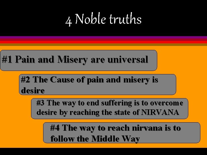 4 Noble truths #1 Pain and Misery are universal #2 The Cause of pain