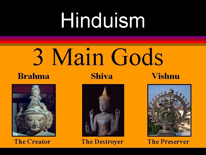 Hinduism 3 Main Gods Brahma Shiva The Creator The Destroyer Vishnu The Preserver 